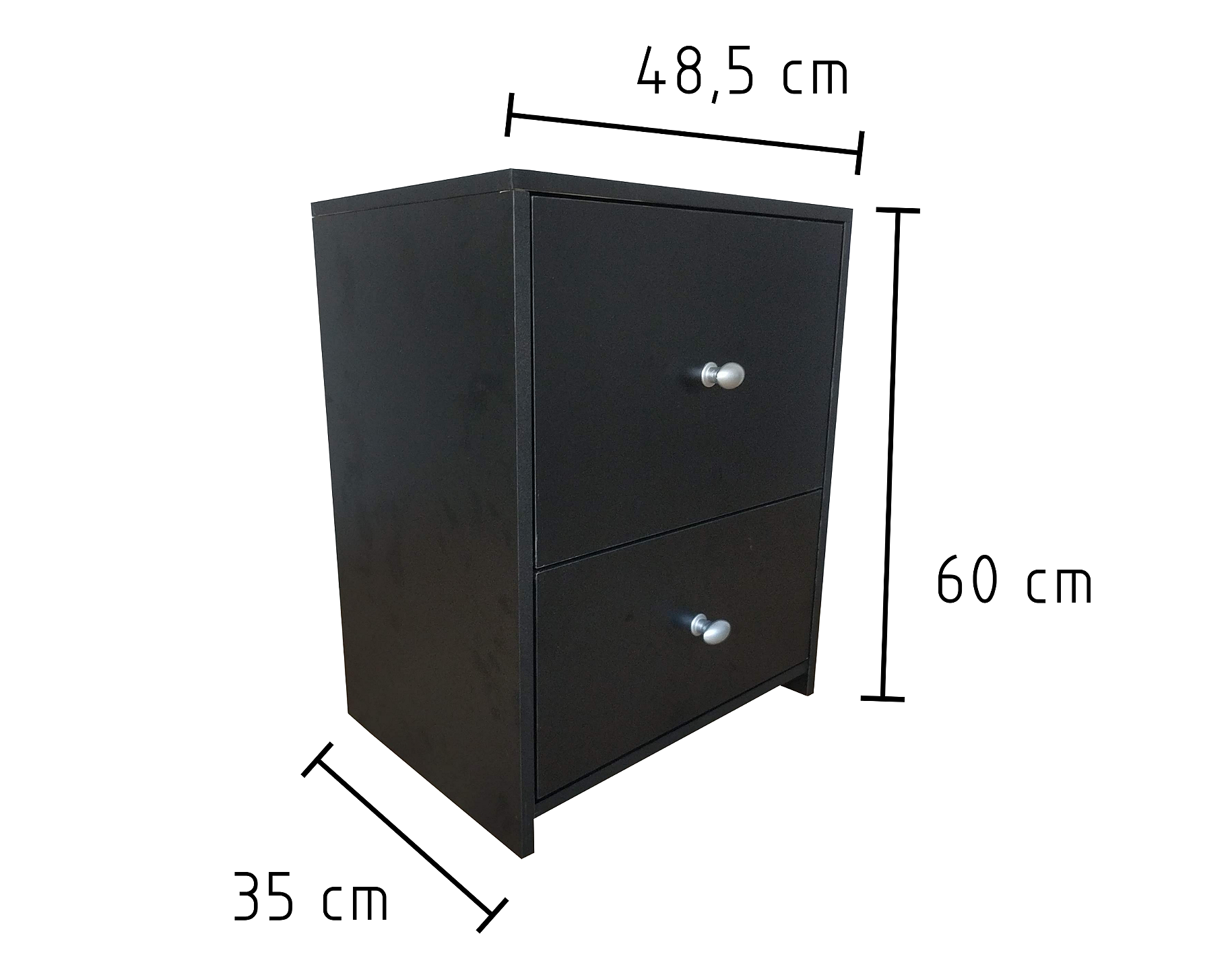 Para todos verem: Imagem com as dimensões do gaveteiro preto com 2 gavetas. O gaveteiro tem 60 cm de altura, 48,5 cm de largura e 35 cm de profundidade.
